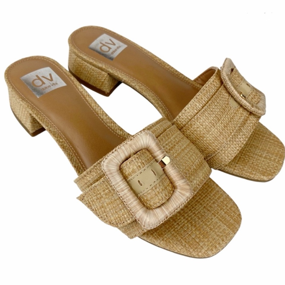 dv Dolce Vita Sandals Nayte Raffia Buckle Slip On Shoes Khaki Tan Womens Size 10